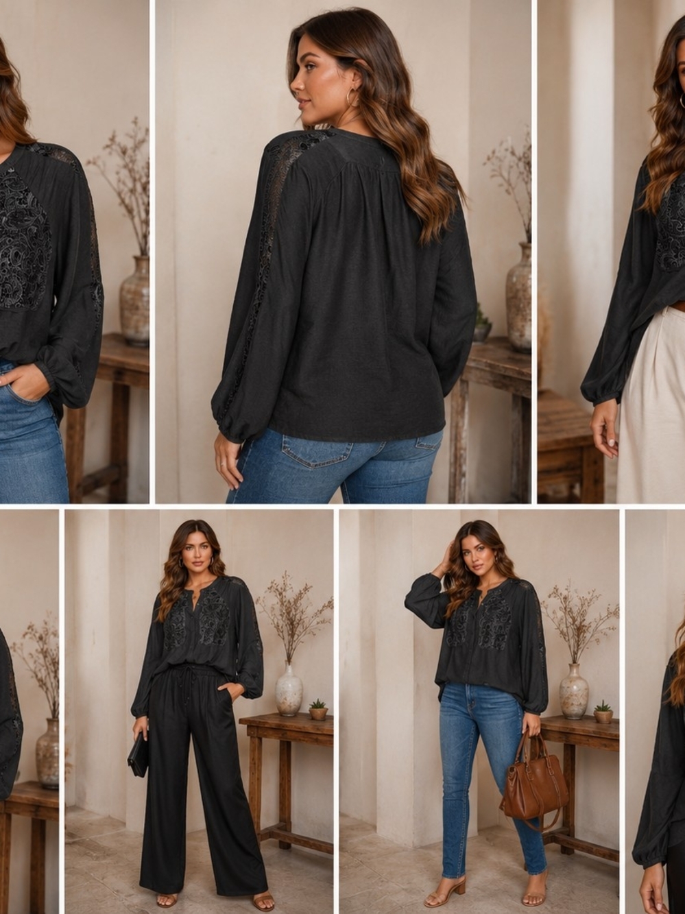Line & Dot Black Embroidered Peasant Blouse